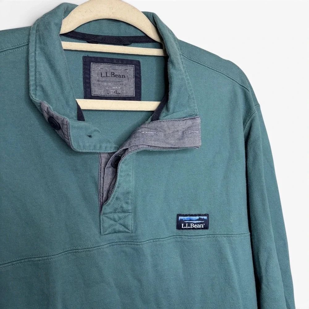 LL Bean Rugby Shirt Mens Large Tall Blue Green Quarter Button‎ Long Sleeve Polo